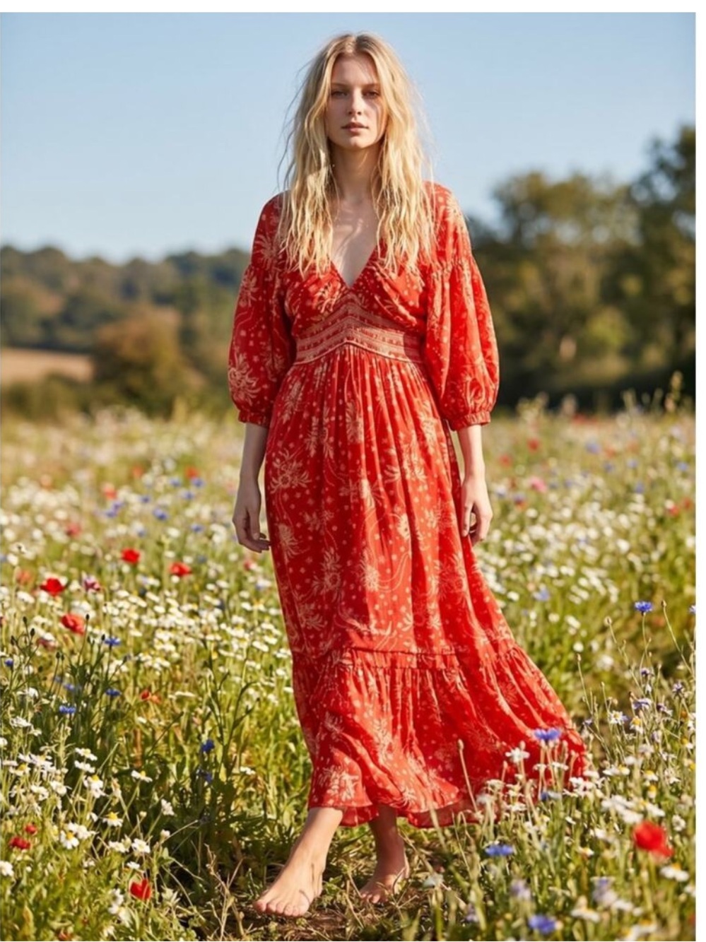 Free People Golden Hour Maxi Dress Red Floral Boho Puff Sleeve XS Gypsy 70s NWT
